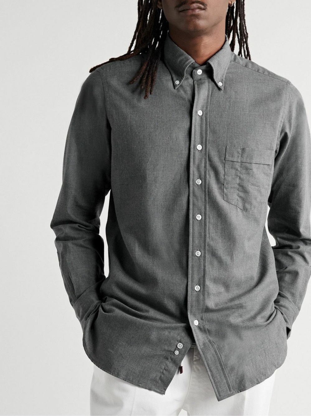 Drakes Men's Gray Cotton Flannel Button-Up